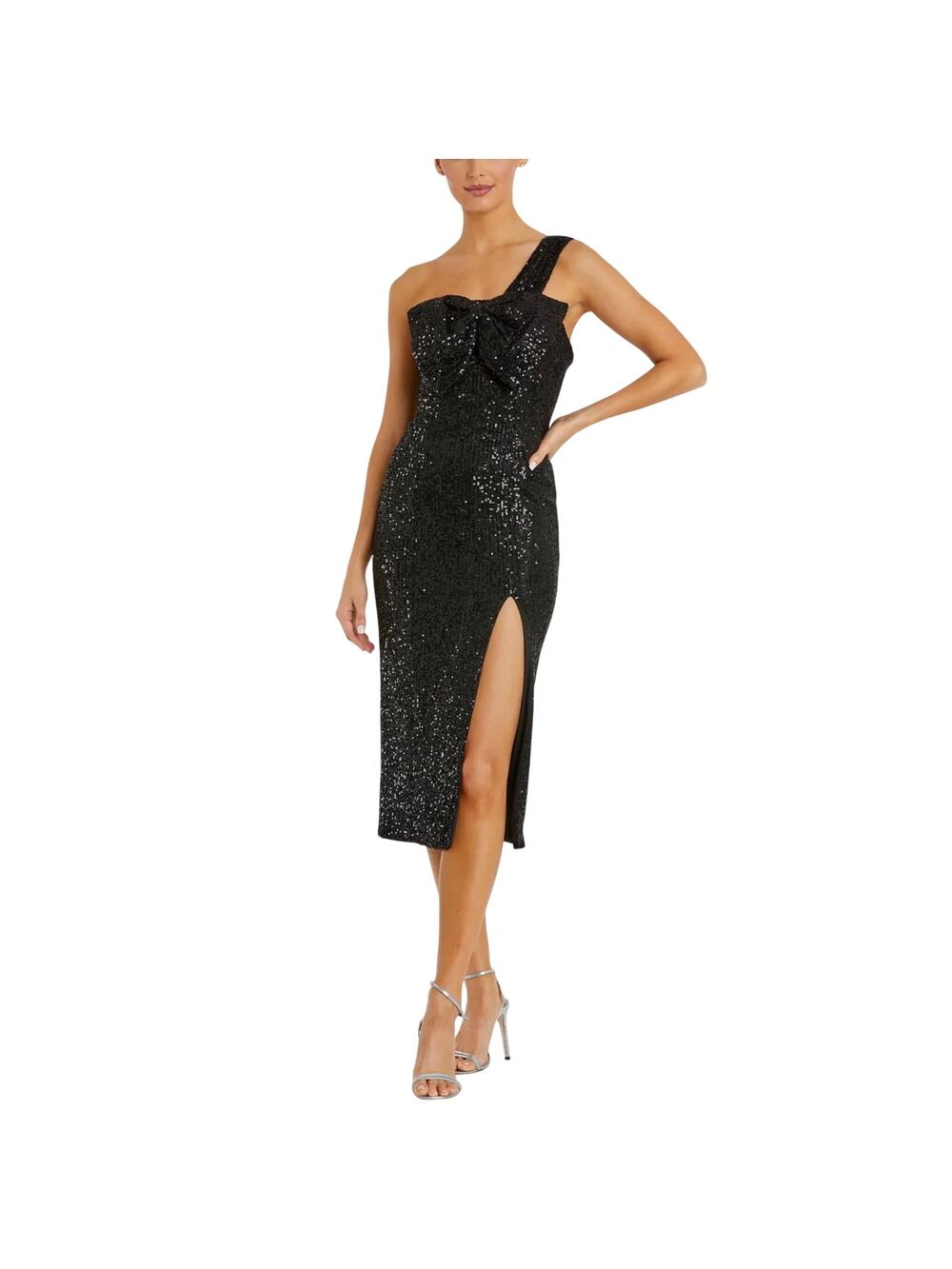 Mac Duggal 11286 Black Cocktail Dress Sequin One Shoulder Bow Sheath Midi Size 4